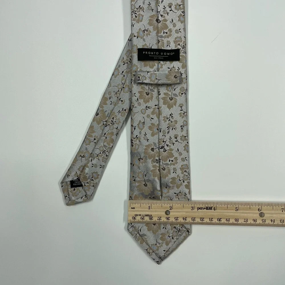 Pronto Uomo Silver Tan Floral Silk Blend Necktie Mens One Size
